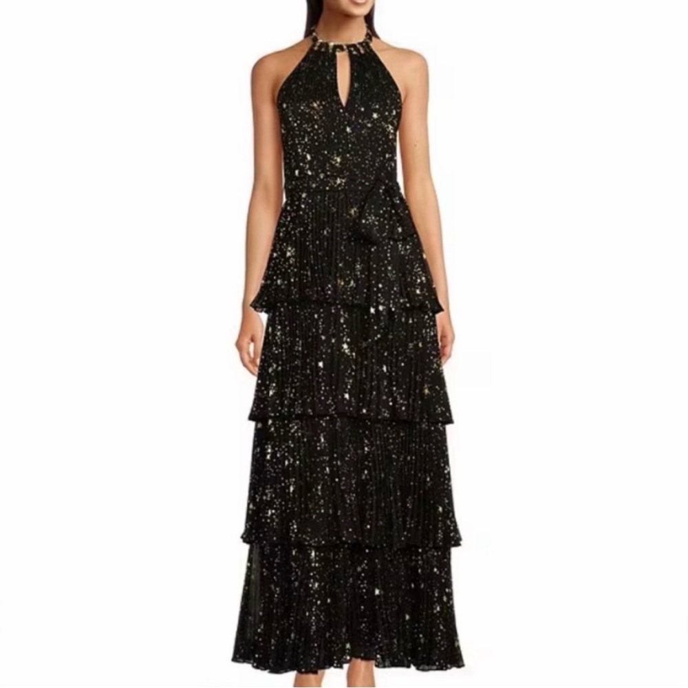Alex Marie Black and Gold Starry Backless Dress